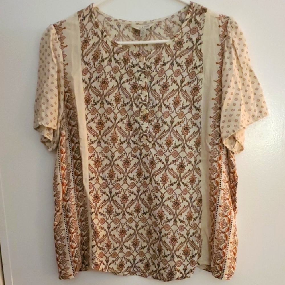 Lucky Brand Cream and Brown Patterned Blouse